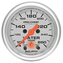 Auto Meter 4354 Ultra-Lite 2-1/16" 100-260 F Full Sweep Electric Water Temperature Gaugewith Peak Memory and Warning
