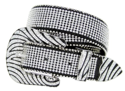 Womens Zebra Rhinestone Bling Bling Western Cowgirl Belt - Black