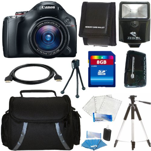 Canon SX40 HS 12.1MP Digital Camera with 35x Wide Angle Optical Image Stabilized Zoom and 2.7-inch Vari-Angle Wide LCD + Digital Flash + Camera Case + Aluminum Tripod + 8GB Deluxe Accessory Kit