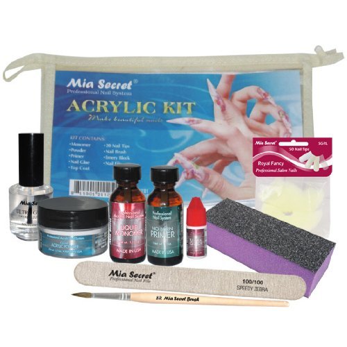Mia Secret Acrylic Nail Kit: 1/2 oz liquid monomer, 1/2 oz clear acrylic powder, ultra quick nail glue, 1/2 oz ultra gloss top coat, fancy 20 nail tips, 1/2 oz primer, speedy zebra straight nail file 100/100, #8 nail brush and emery block Mia Secret Acrylic Nail Kit: 1/2 oz liquid monomer, 1/2 oz clear acrylic powder, ultra quick nail glue, 1/2 oz ultra gloss top coat, fancy 20 nail tips, 1/2 oz primer, speedy zebra straight nail file 100/100, #8 nail brush and emery block