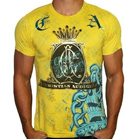 CHRISTIAN AUDIGIER Ed Hardy Mens Short Sleeve T-Shirt Tee Skull Tattoo Yellow