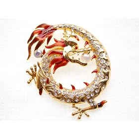 Gold Tone Fiery Circular Asian Emperor Dragon Pearl Bead Rhinestone Pin Brooch: Jewelry