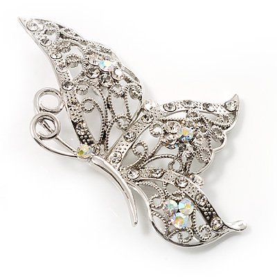 Rhodium Plated Crystal Filigree Butterfly Brooch