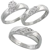 Sterling Silver 3-Piece Trio His (6mm) & Hers (4.5mm) Diamond Wedding Band Set, w/ 0.10 Carat Brilliant Cut Diamonds; (Ladies Size 5 to10; Men's Size 8 to 14)