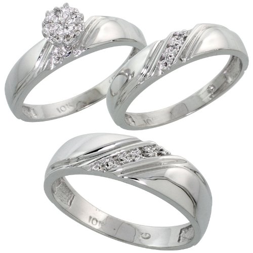 10k White Gold 3-Piece Trio His (6mm) & Hers (4.5mm) Diamond Wedding Band Set, w/ 0.10 Carat Brilliant Cut Diamonds; Ladies Size 5