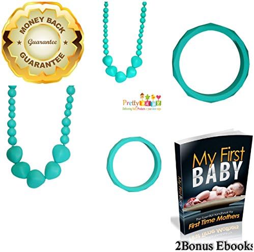 FDA Approved Turquoise Silicone Teething Necklace and Bangle for Mom. Bonus - 2 Free E-books. Silicone Baby Teether Toy for Baby Shower Gift, Registry. Better Than Baltic Amber Teething Necklace Set. 30 Day Money Back Guarantee.