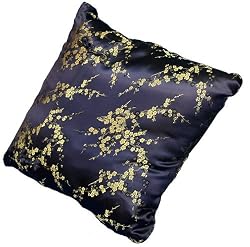 Asian inspired navy blue and gold pillow, plum blossoms