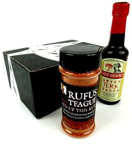 Spicy Seasonings 2-Flavor Variety: One 6.5 oz Bottle of Rufus Teague Spicy Meat Rub and One 5 oz Bottle of Busha Browne's Spicy Jerk Sauce in a Gift Box