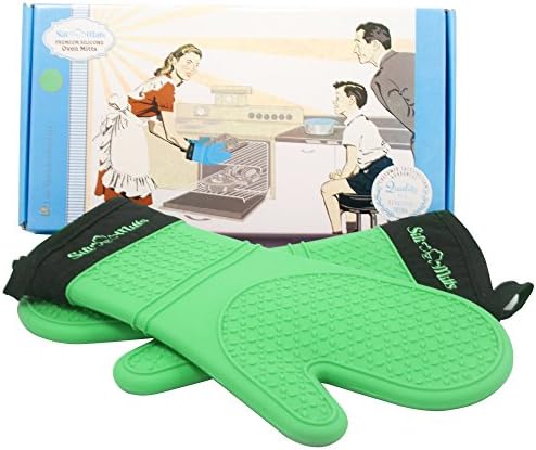 Green Silicone Oven Mitts - 1 Pair of Extra Long Professional Heat Resistant Potholder Gloves - Oven Mitt Set of 2