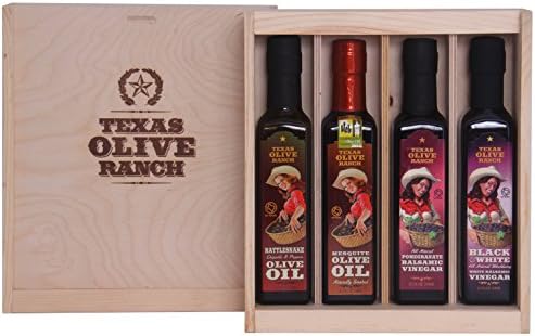 Texas Olive Ranch Rattlesnake Olive Oil, Mesquite Olive Oil, Pomegranate Vinager, Blackberry Vinegar Gift Set with Wood Box