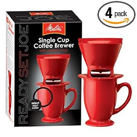 Melitta Ready Set Joe's Red Cone Filter Holder with Red Ceramic Mug Set (Pack of 4)
