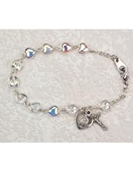 First Holy Communion Childrens Girls Rosary Bracelet 6 1/2" 6x6mm Crystal Ab Heart Beads with Sterling Silver Cross & Miraculous Medals.