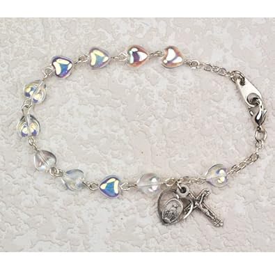 Cheap Girls Jewelry Catholic Bracelet, Great for First Communion, 6.5" Rosary Girls Bracelet, Silver Tone & Heart Shaped Crystal Beads, Dangle Crucifix and Heart Shaped Miraculous Medal Charms. For Sale