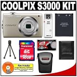Nikon Coolpix S3000 12.0 Megapixel Digital Camera with 4x Optical Zoom (Champagne Silver) with + 16GB Card + EN-EL10 Battery + Case + Accessory Kit
