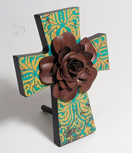 Turquoise & Yellow Bella Casa Distressed Wood Cross With Rusted Flower 5 x 4 inches
