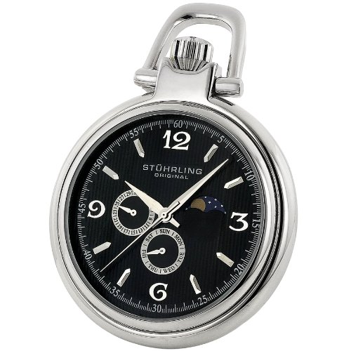 Stuhrling Original 142A.PK1 Monarch Moon Quartz Moon Phase Black Dial Pocket Watch