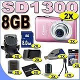 Canon PowerShot SD1300IS 12 MP Digital Camera w/4x Wide Angle Optical IS Zoom (Pink) 8GB BP6L Battery/Charger BigVALUEInc Double Saver Bundle