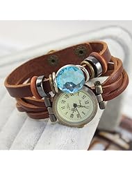New Fashion Bling Blue Diamond Weave Wrap Around Leather Retro Bracelet Woman Wrist Watch Gift Brown