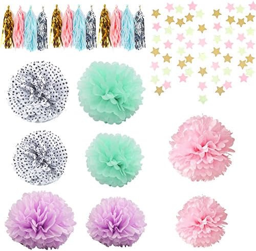 GEARKING 22 PCS Light Purple Tissue Paper Pom Pom Light Blue Tissue Pom Pom Paper Tassel Paper Stars Garland for Baby Shower Decoration Wedding Nursery Decorations Bridal Shower