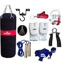 Canvas Punch Bags Set 4 feet with Free Chrome Plated chain, Bag Mitts, Heavy dute Metal Ceiling Hook, Nylon Skipping Rope Blue, Boxing Glove UK Flagged Miniature and novelty, Boxing Gloves Key Chain Red and Blue Hand Wraps
