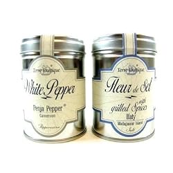 Terre Exotique Fleur De Sel From Madagascar with Grilled Spices 3.2 Oz + Penja Whte Pepper From Cameroon Economy Set