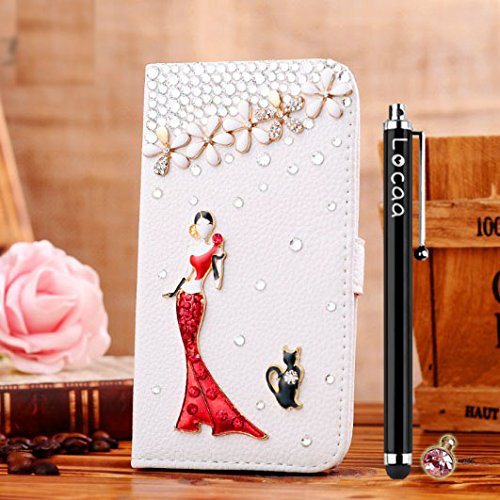 Locaa(TM) For Samsung Galaxy Alpha G850F 3D Bling Case + Touch stylus + Anti-dust ear plug Deluxe Luxury Crystal Pearl Diamond Rhinestone eye-catching Beautiful Leather Retro Support bumper Cover Card Holder Wallet Cases -[General series] girl in red dress