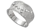 14K White Gold Hand-Crafted Matte-Finish Designer Ring, Etched and Enhanced with Bezel Set Diamonds.