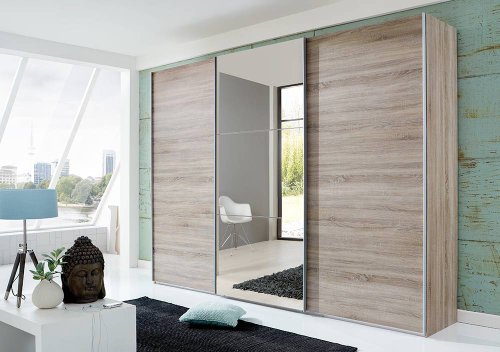 3-trg. Schwebetürenschrank in Montana-Eiche-NB mit 1 Front voll verspiegelt, 3 Einlegeböden und 3 Kleiderstangen, Maße: B/H/T ca. 313/236/65 cm