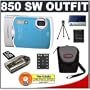 Olympus Stylus 850SW 8MP Waterproof Digital Camera with Image Stabilized 3x Optical Zoom (Blue) + Transcend 4GB microSDHC Card with Card Reader + Spare Li-42B Battery for Olympus + Compact Padded Camera Case