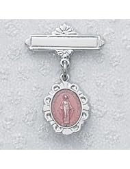 1" Solid .925 Sterling Silver Pink Miraculous Medal, Virgin Saint Mary, Immaculate Conception Baby Pin Infant Baptism Communion Jewelry Charm New