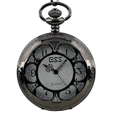 ESS Mens Black Stainless Steel Case White Dial Antique Pocket Watch with Chain WP055