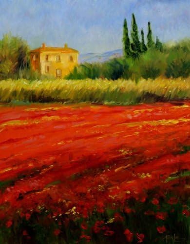 Fashion design modern Oil Painting on Canvas Wall Art Home Decoration Italian Tuscany Red Poppy Flower Field Vineyard 20 X 24 Inch