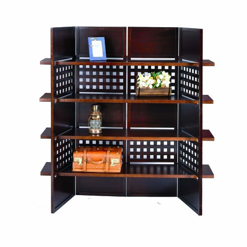 ORE International N1032-4-WALNUT 4-Panel Walnut Finish Room Divider with Book Shelves