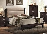 King Size Platform Bed in Beige Microfiber Mahogany Finish
