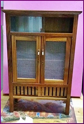 Large Vintage Display Cabinet Teak 2 Door &amp; Wire Screen Door 2 Glass Wood Armoire Storage Chest Stand Organizer Wood Box Thai Carved