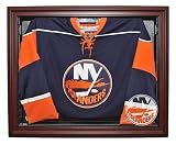New York Islanders Hockey Jersey Display Case, Removable Face with Mahogany Finish Frame