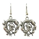 Surgical Steel Dangle Earrings Asian Dragon Antiqued Silver