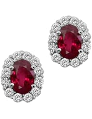 1.42 Ct 6x4mm Oval Natural Ruby & Diamonds Solid 14K White Gold Stud Earrings