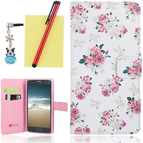 Ancerson® PU Leather Wallet Case for Samsung Galaxy Note 4 IV N9100 Colorful Printed Magnet Buckle Built-in Credit/ ID Card Slot Pocket Flip Folio Stand Protective Purse Cover Free with a Red Stylus Touchscreen Pen, a 3.5mm Universal Crystal Diamond Rhinestones Bling Lovely Blue Panda Silvery Flower Pendant Dust Plug and a Cleaning Cloth - Retail Package (Pink Rose Peony Flower Creamy White Daisy Bloom Green Leaf)