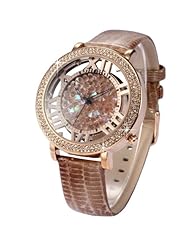 Lady Women Brown Leather Band Transparent Case Gold Case Crystal Quartz Watches WK1153