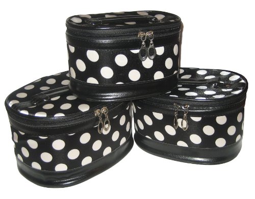 3-Piece Makeup Bag Cosmetic Case Set - Black and White Polka Dots Features 3-Piece Makeup Bag Cosmetic Case Set - Black and White Polka Dots Features