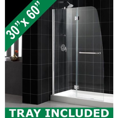 DreamLine AQUA Frosted Glass Shower Door & AMAZON Base Kit 48 x 72 Left Wall Installation Shower Door with 30 x 60 Right Drain BaseChrome Finish Hardware; Clear Glass; Left Hand Drain Base
