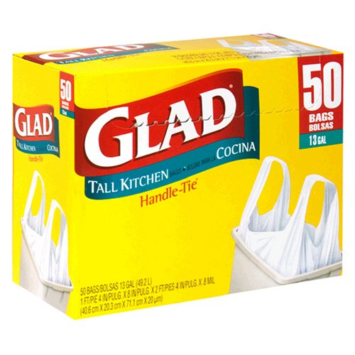 Glad Handle Tie Tall Kitchen Bags, White, 13 Gallon, 50-Count Bags, Case of 4 (200 Bags)