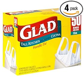 Glad Handle Tie Tall Kitchen Bags, White, 13 Gallon, 50-Count Bags, (Pack of 4)