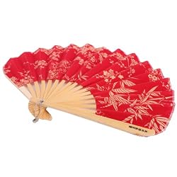 Shell Shape Folding Fan, Cloth Hand Fan - Red with Leaves Printed, Gift Idea