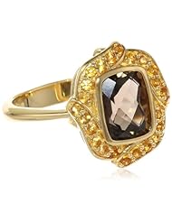 18k Yellow Gold Plated Sterling Silver Cushion Dark Smoky Quartz and Citrine Textured Ring, Size 7