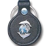 Small Leather & Pewter Key Ring - Dolphins & Earth - Small Leather & Pewter Key Ring