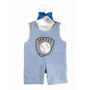 Mud Pie Baby All Boy Blue Gingham Shortall and Terry Cloth Toy Set, Baseball, 0 - 6 Months