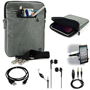 Silver Gray Mighty Nylon Jacket Slim Compact Protective Sleeve Shoulder Bag Case with accessories For Motorola XOOM Android Tablet (Compatible with All Versions of 10 inch Xoom Devices) High Performance + Includes a Black Micro USB Data Sync Cable + Auxilary Cable (AUX Connectivity) + Adjustable HeadRest Car Mount Kit + High Quality Noice Reducer MP3 Handsfree Earbuds Earphones with Mic