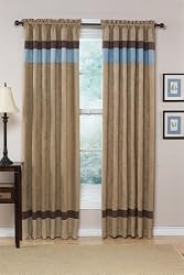 Jacaranda Collection Blue, Camel & Chocolate Micro Suede Curtains Set of 2 Striped Window Panel Treatments